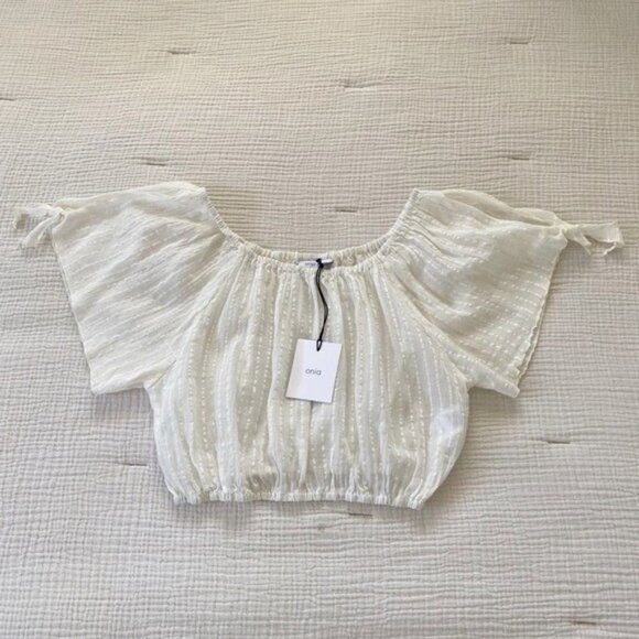 New Onia Colette Cropped Off-The-Shoulder Cotton-Blend Jacquard Top - Picture 1 of 12